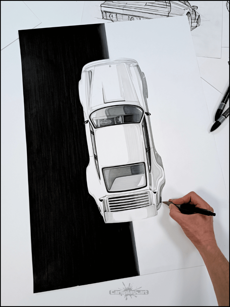 porsche black and white drawing